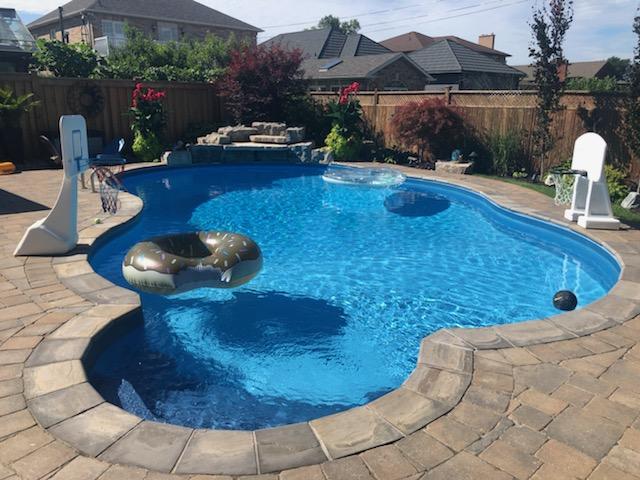 A backyard pool with floaters, surrounded by paved stone, plants, and chairs. Fences and neighboring houses are visible in the background.