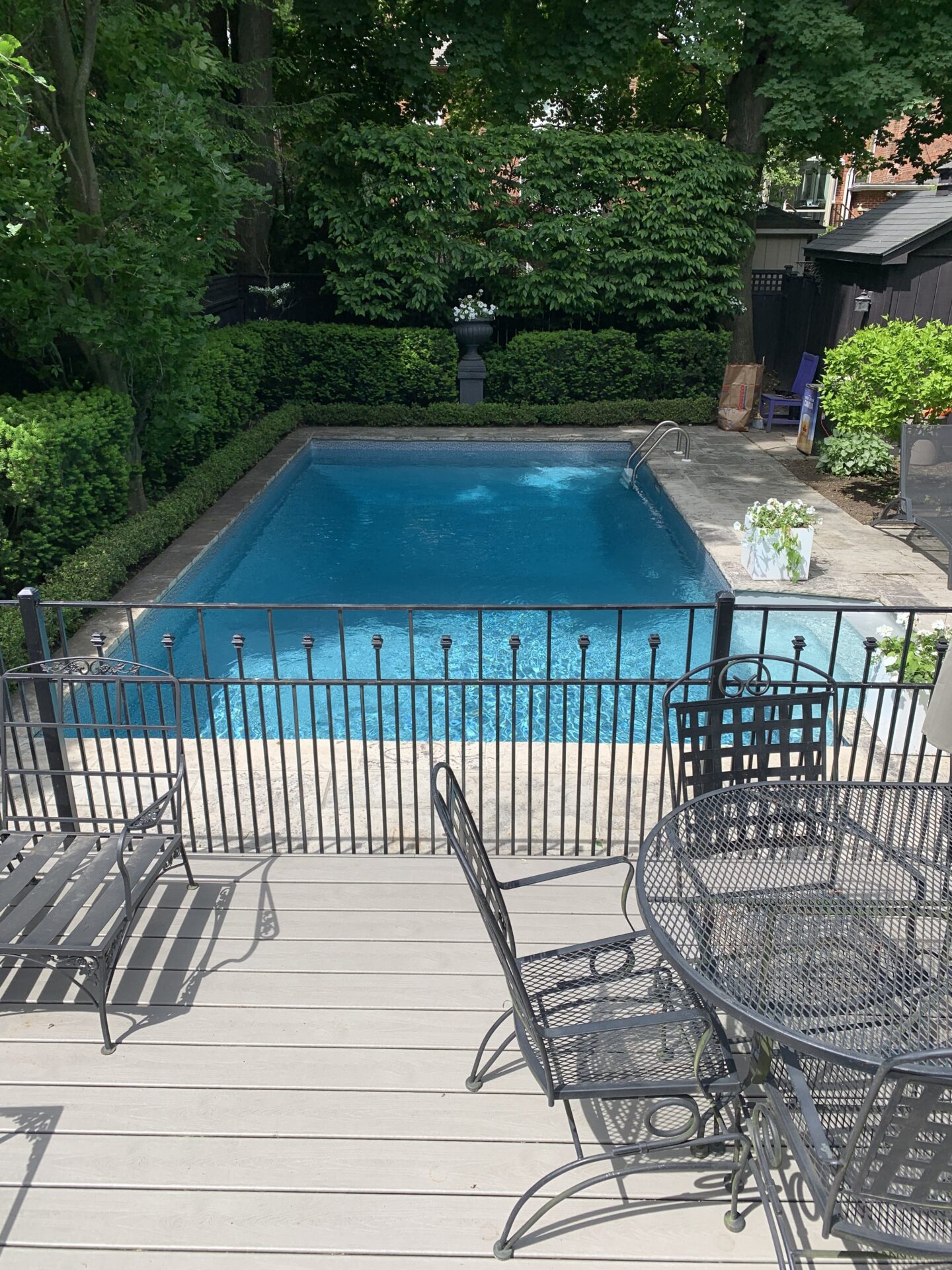A private backyard features a rectangular swimming pool, surrounded by lush greenery, a wooden deck with metal furniture, and contrasting black fence.