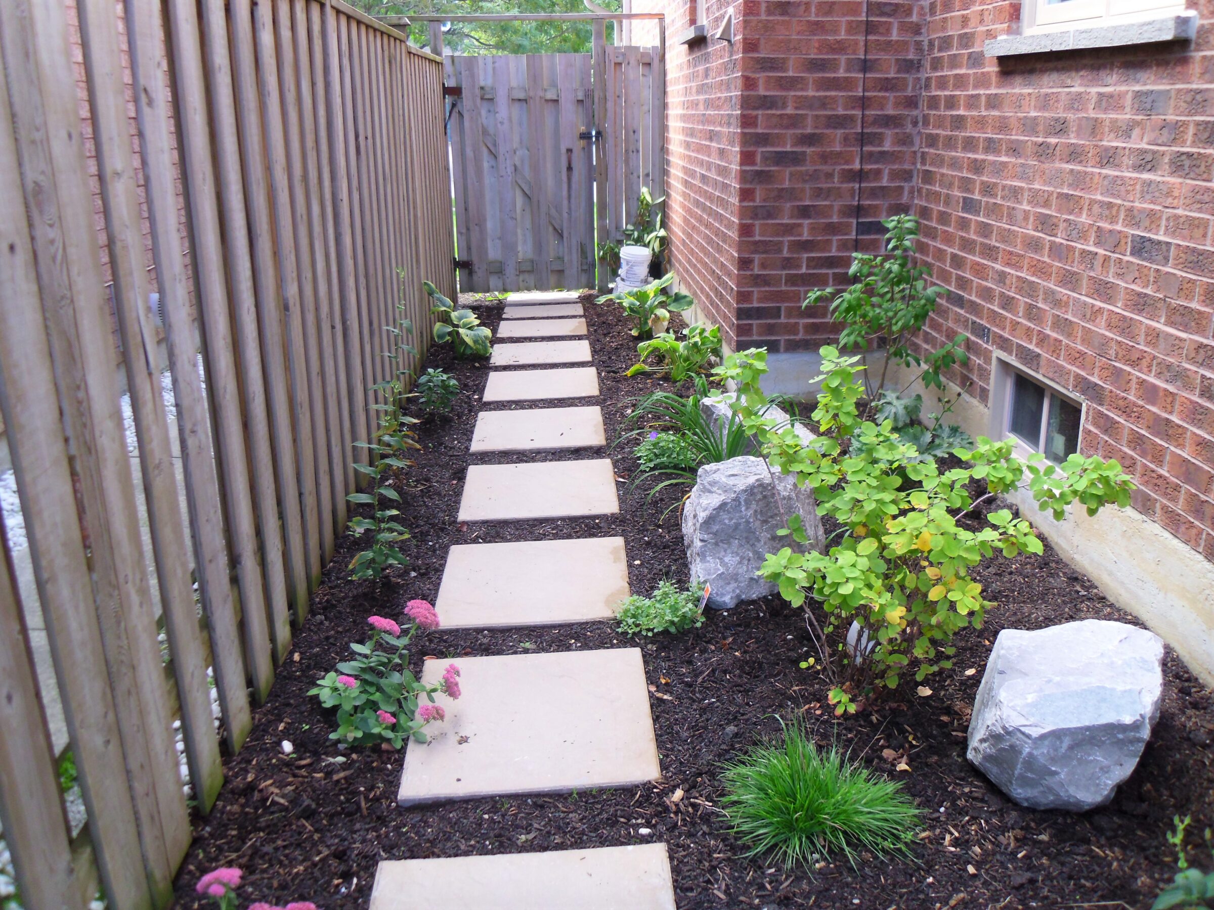 Narrow garden path with stone tiles, bordered by mulch and plants, between a brick wall and wooden fence, leading to a wooden gate.