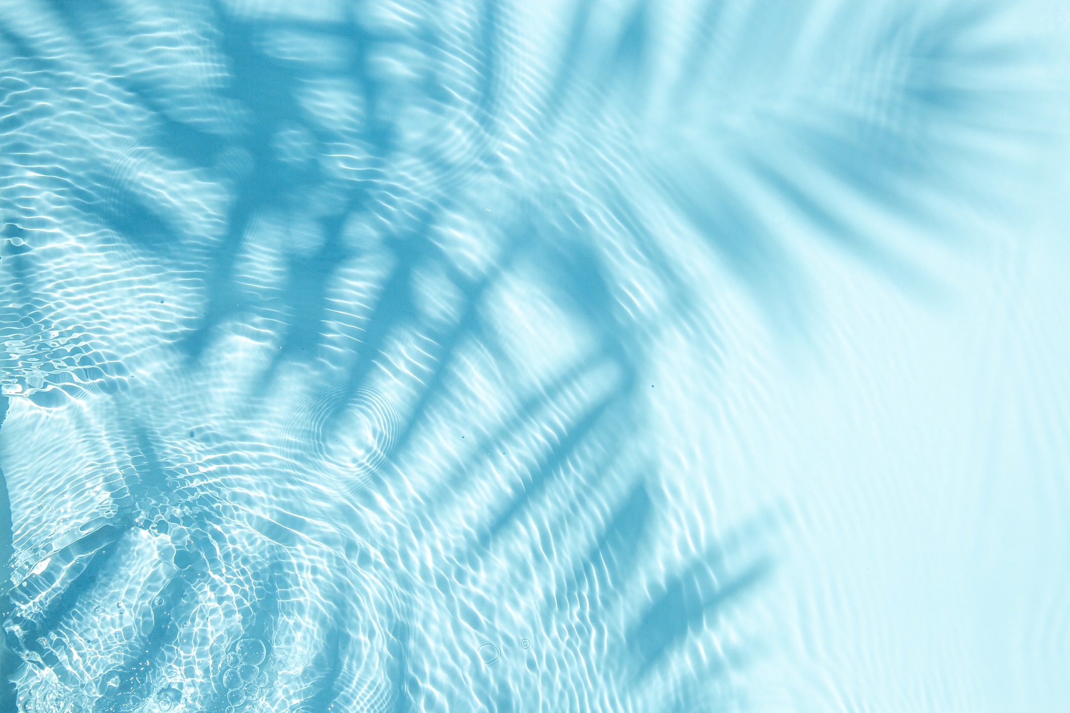 Shadows of palm leaves dance over rippling water, creating a serene, tropical ambiance with soothing light and soft blue hues.