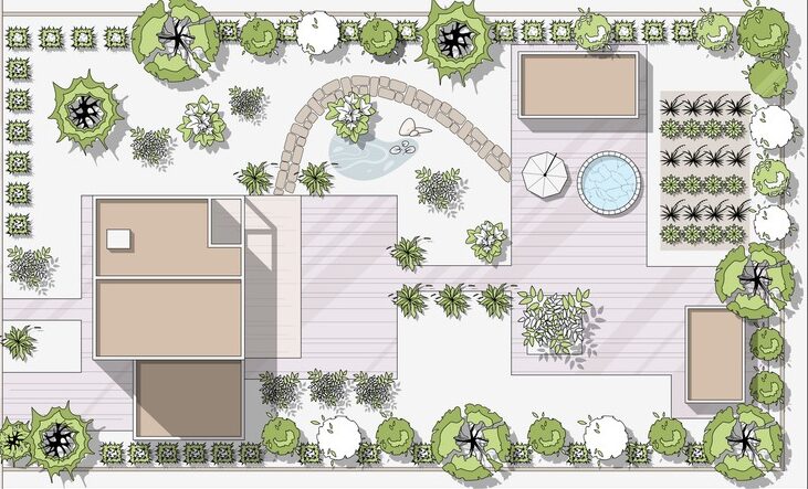 Aerial view of a garden with paths, plants, a small pond, and two patio areas, one with a circular pool and seating.